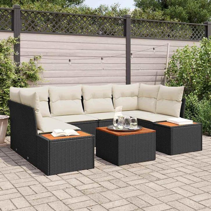 vidaXL Tuinbank Set met kussen 6 pcs Zwart Poly rattan, Tuin en Terras, Tuinsets en Loungesets, Nieuw, Verzenden