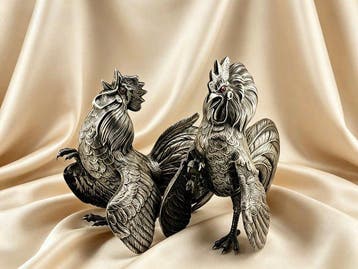 Figuur - Pareja de Gallos (2) - Verzilverd, alpaca