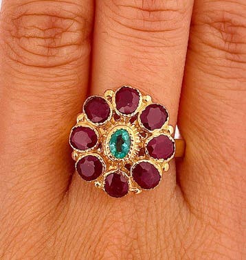 Zonder minimumprijs - Ring - 9 kt. Geel goud, Zilver Smaragd, Nieuw
