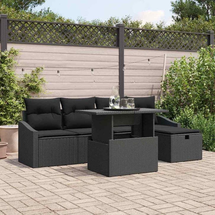 vidaXL Tuinbank Set met kussen met opslag 6 pcs Zwart Poly, Tuin en Terras, Tuinsets en Loungesets, Nieuw, Verzenden