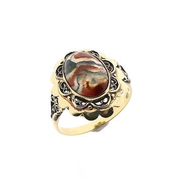 Gouden ring met mosagaat; 14 karaat; ringmaat 20,5, Gebruikt, 20 of groter, Ophalen of Verzenden, Met edelsteen