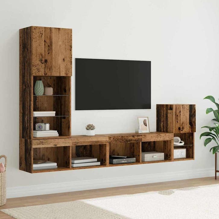vidaXL TV Wandmeubels met LED -striplichten Oud Hout Bewerkt, Huis en Inrichting, Kasten |Televisiemeubels, Nieuw, Verzenden