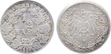 Duitsland Fehlpraegung 1/2 Reichsmark 1916 D D5 ohne Riff..., Verzenden
