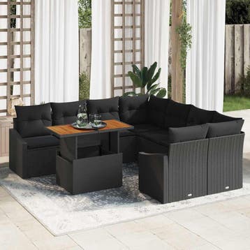 vidaXL Tuinbank Set 9 st Zwart Poly rattan, Verzenden, Nieuw