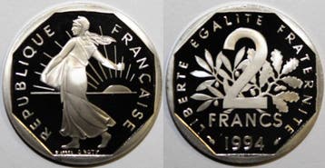 2 Francs France Frankreich Km 942 2 2 Franken 1994 Typ Sa..., Verzenden