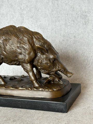 Beeld, Wild Zwijn - 14 cm - Brons, Marmer