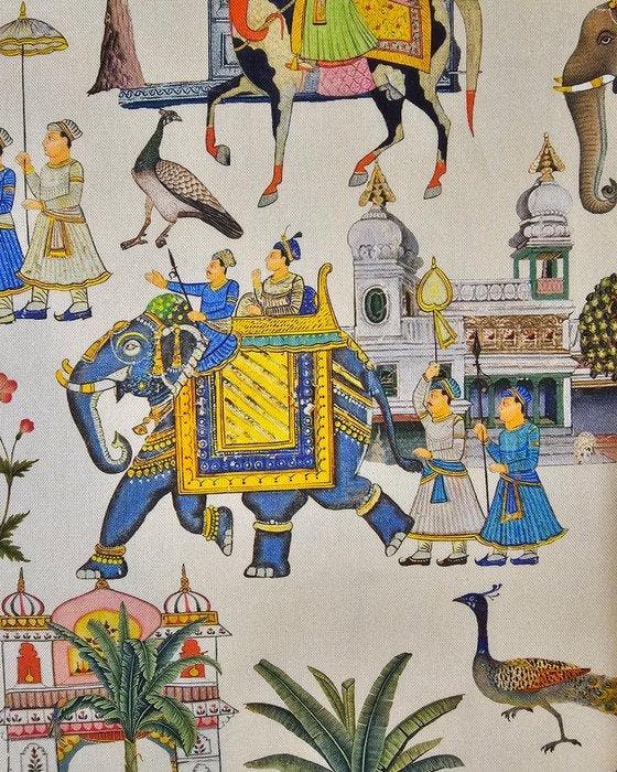 Exclusieve Indiase stof met paarden in galop en olifanten -, Antiek en Kunst, Antiek | Tapijten, Tafelkleden en Textiel