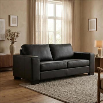 Leren bank Enjoy - 2,5 zits - Hermes Nero (zwart) - Poten, Nieuw, Ophalen of Verzenden, Modern, 200 tot 250 cm
