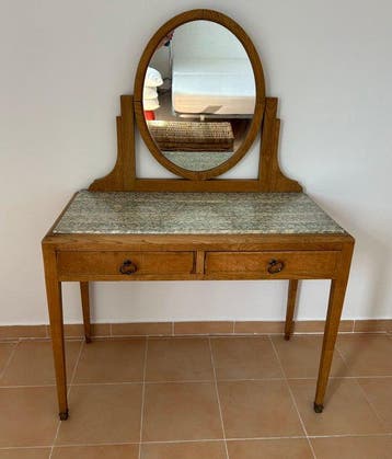 Kaptafel - Marmer, Eik, Messing, Glas, Hout