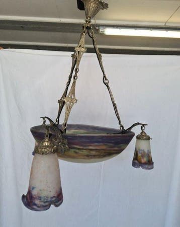 Lustre - Bronze, Verre, Fer, Pâte de verre // Buriné, Antiquités & Art