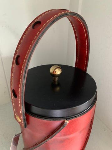 Vintage rode leren ijsemmer met tang - Rood Leder - Jaren