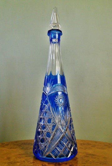 Décanteur - Carafe en cristal bleu foncé Art Déco, ornée de