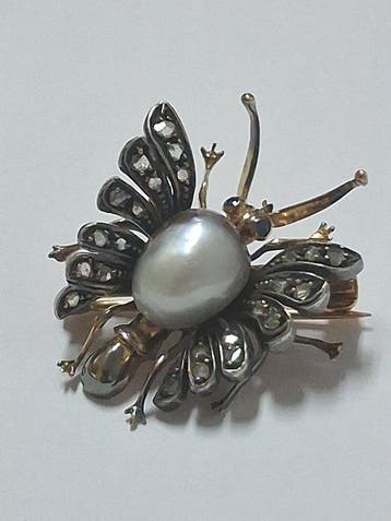 Broche - 19,2 carats Argent, Or jaune Perle - Diamant -
