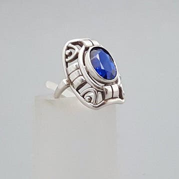 Zilver, Art Deco, Donker Blauwe Spinel(Getest) - Ring
