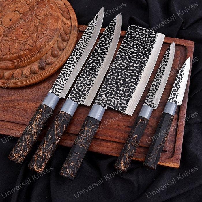 Keukenmes - Hars, handgemaakt gevouwen staal met, Antiek en Kunst, Antiek | Keukengerei