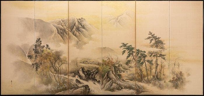 Un paravent japonais à six panneaux (bybu, ) avec un, Antiek en Kunst, Antiek | Overige Antiek