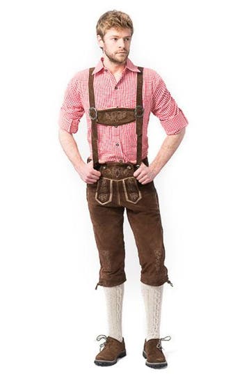Lederhose Leer Lang Donkerbruin en Bretels, Verzenden