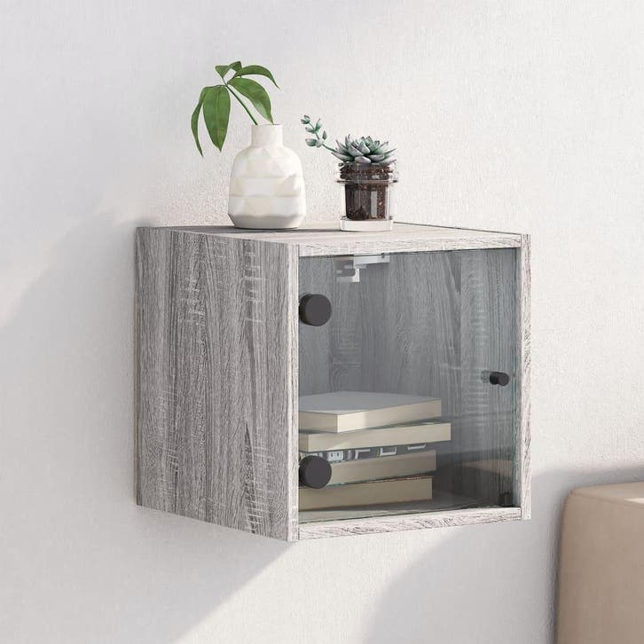 vidaXL Nachtkastje met glazen deur 35x37x35 cm grijs sonoma, Huis en Inrichting, Slaapkamer | Nachtkastjes, Nieuw, Verzenden