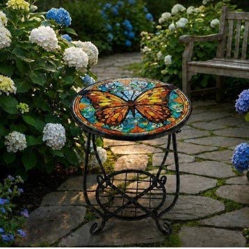 Butterfly Mosaic Side Table – Decorative Iron Frame Patio