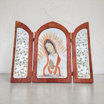Antiek Drieluik - Hout, Verzilverd - 1950-1960 - Maagd Maria