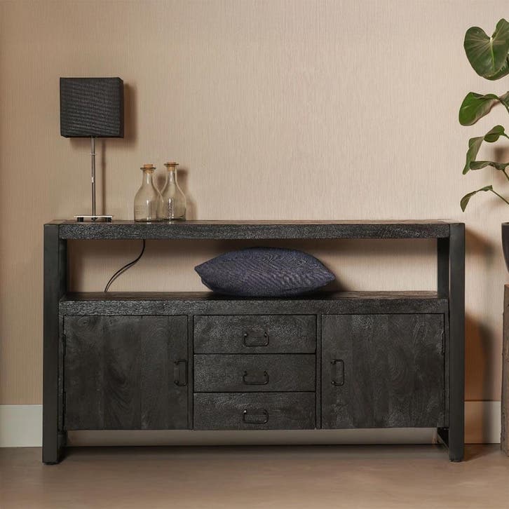 Dressoir Mangohout Britt 140 2 Deuren 3 Lades Zwart, Huis en Inrichting, Kasten | Dressoirs, Nieuw, Overige houtsoorten, Verzenden