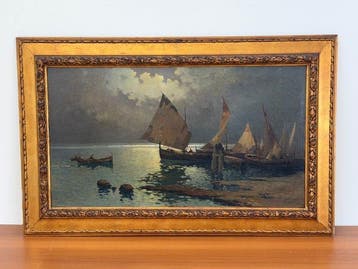 Ercole Magrotti (1890-1967) - Notturno con barche da pesca