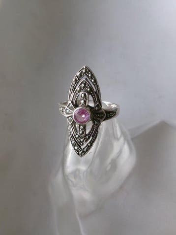 Zilver, Roze saffier en marcasieten - Ring - Art Deco-stijl