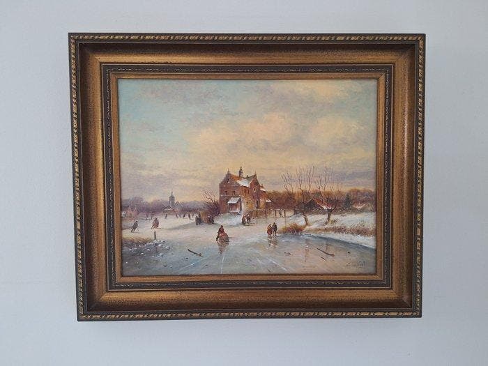 L. Van Vught (1952) - Wintertafereel met schaatsers nabij, Antiek en Kunst, Kunst | Schilderijen | Klassiek