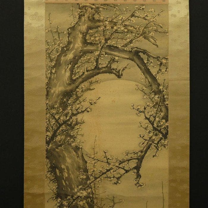 Very fine sumi-e painting Plum blossoms under moonlit,, Antiek en Kunst, Antiek | Overige Antiek