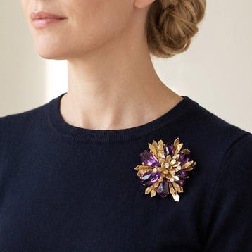 Broche - 18 karaat Geel goud Amethist - Diamant - Alan Gard, Handtassen en Accessoires, Antieke sieraden