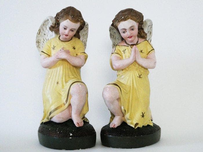Beeld, 2 Knielende engelen met gevouwen handen in gebed -, Antiquités & Art, Art | Art non-occidental