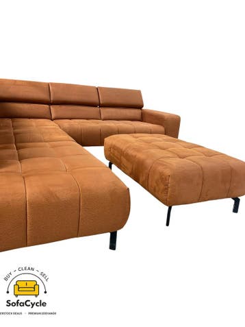 Hoekzetel cognac microvezel, poef + hoofdsteun – tweedehands, Verzenden, Nieuw