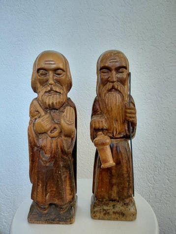 Beeld, Paar beelden - Sint Petrus + Monnik - 34 cm - Hout -, Antiek en Kunst