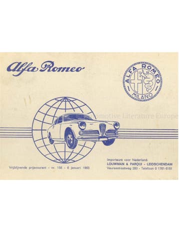 1963 ALFA ROMEO PRIJSLIJST NEDERLANDS