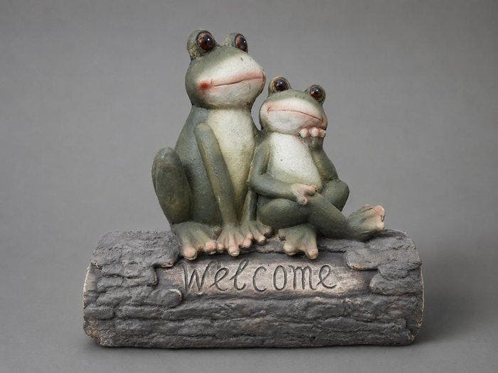 Beeld, garden statue 2 frogs on tree trunk - 41 cm -, Antiquités & Art, Curiosités & Brocante