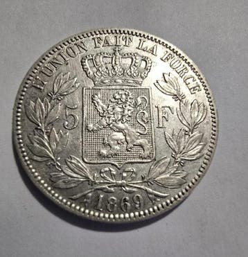 België. Leopold II. 5 Francs 1869 Argento (Zonder