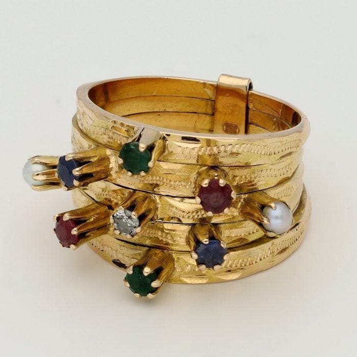 Ring - 18 karaat Geel goud - Saffier/Robijn/Smaragd, Bijoux, Sacs & Beauté, Bagues