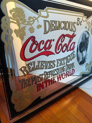 Wandspiegel - Glas, Hout - Reclamesbord - Coca Cola