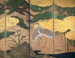 Een antiek Japans zesdelig vouwscherm met kraanvogels,