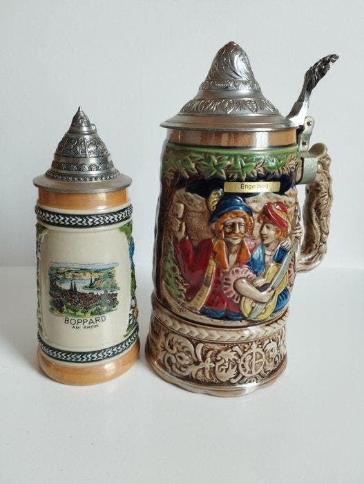 Bekerglas (2) - Aardewerk - Bierpul met muziekdoos Engelberg, Antiek en Kunst, Curiosa en Brocante