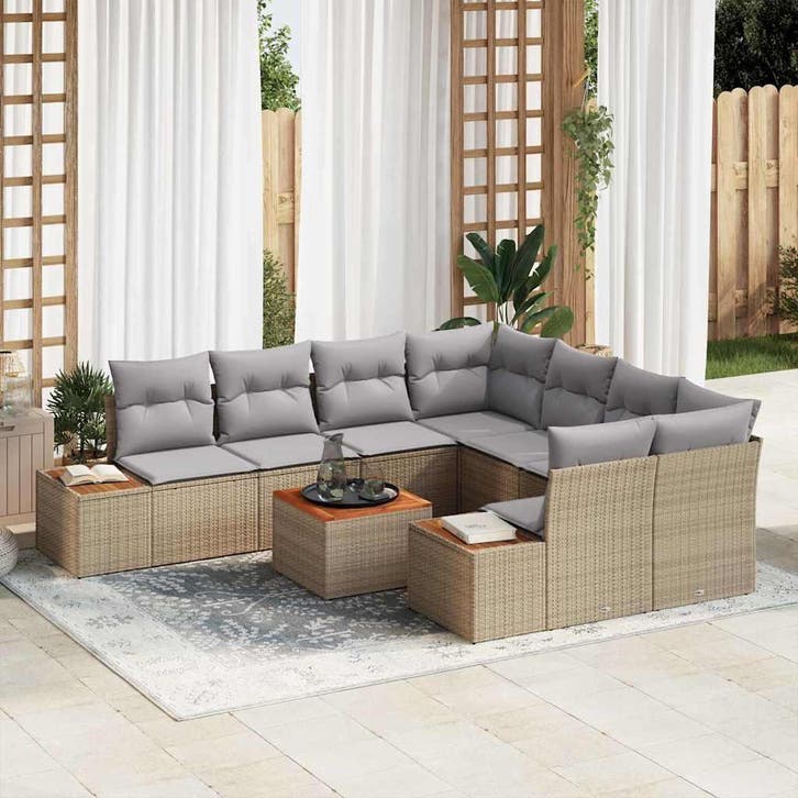 vidaXL Tuinbank Set met kussen 9 pcs Beige Poly rattan, Jardin & Terrasse, Ensembles de jardin, Envoi