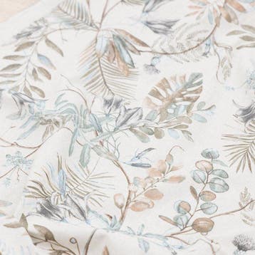 Decoratieve stof – Kolibrie, Bloemen en Blauwe Bladeren -