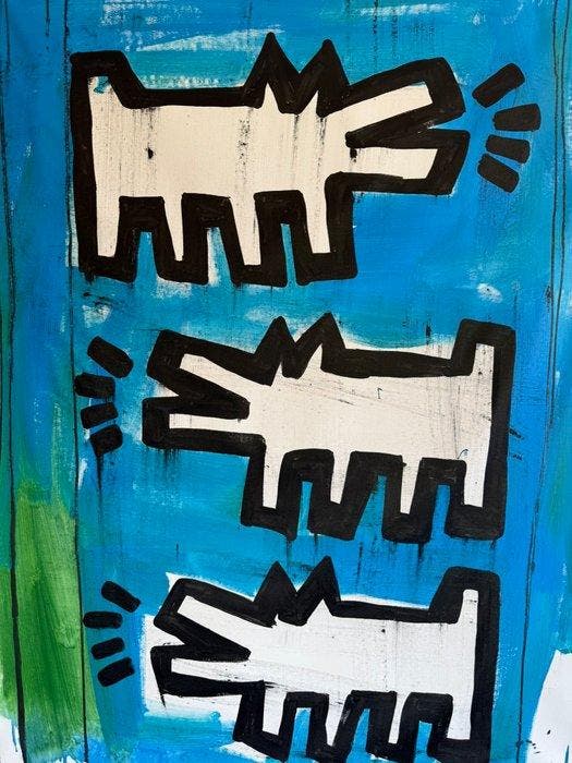Freda People - Super Rare Haring Love Dogs XXL, Antiquités & Art, Art | Peinture | Moderne