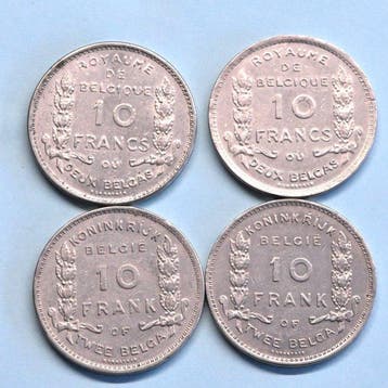 België. Albert I. 10 Francs/2 Belga 1930, Lot van 4 stuks, Postzegels en Munten