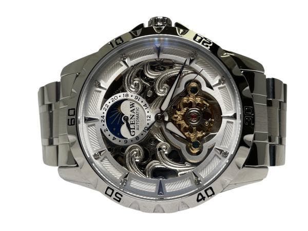 Veiling - Glenaw | Zilverkleurige Skeleton Automaat, Handtassen en Accessoires, Horloges | Heren