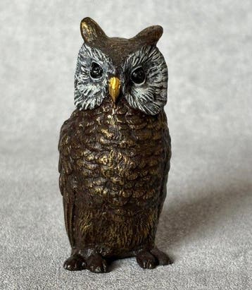 Beeld, Zeer fijn gedetailleerde uil - 7.5 cm - Brons