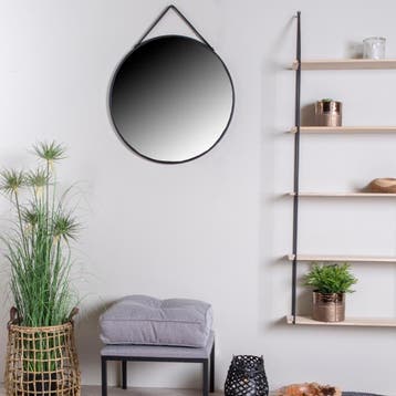 Wandspiegel zwart | Kunstleren band | Rond, Huis en Inrichting, Woonaccessoires | Spiegels, Minder dan 50 cm, Verzenden, Rond