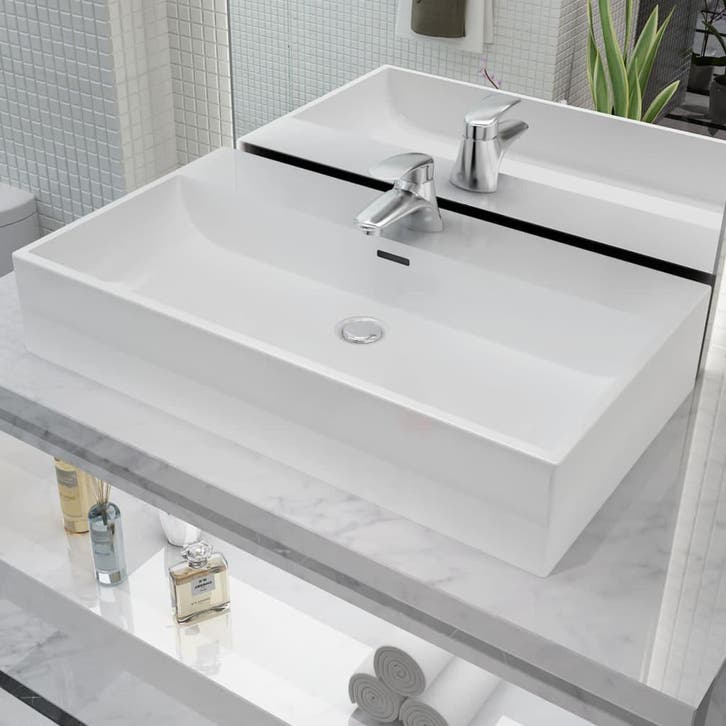 vidaXL Wastafel met kraangat wit 76x42,5x14,5 cm kermiek, Doe-het-zelf en Bouw, Sanitair, Nieuw, Verzenden