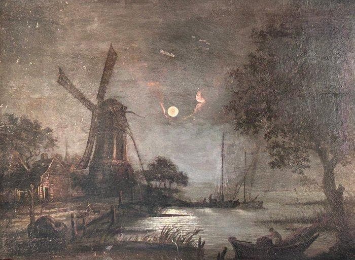 Dutch school (XIX) - Atmospheric moonlit landscape with, Antiquités & Art, Art | Peinture | Classique