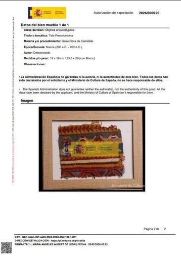 precolumbiaans textielfragment met Spaanse exportlicentie -, Collections